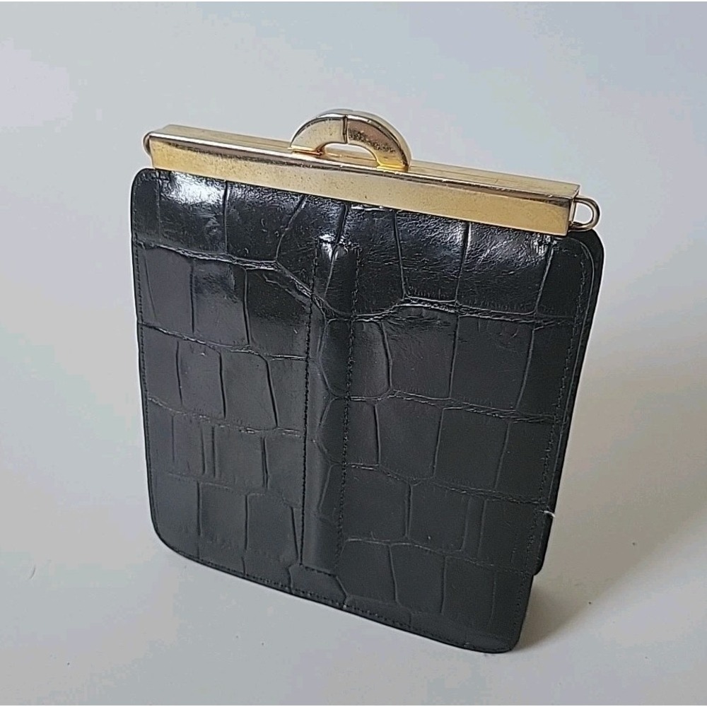 Black Croc-Embossed Leather Wristlet Clutch with Gold Frame
